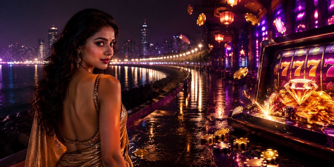 Night view of Mumbai Marine Drive with neon lights